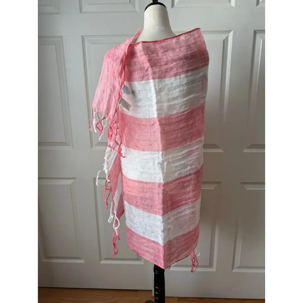 Jones New York Pink White Linen Stripe Wrap Shawl Fringe 72” x 36” Cruise Beach
